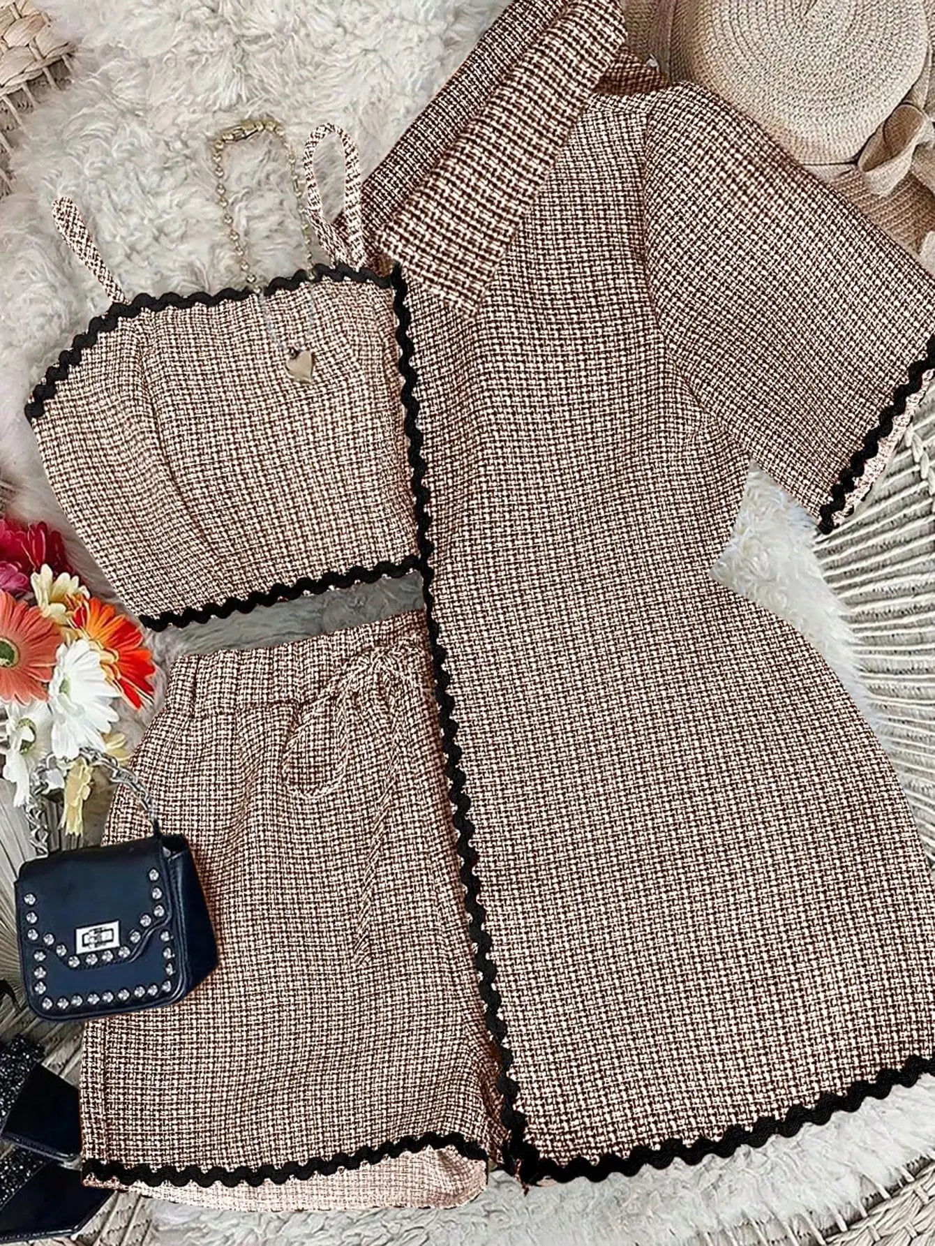 3-Piece Women's Set: Wavy Trim Cardigan, Cropped Cami & Shorts for Casual School or Commute