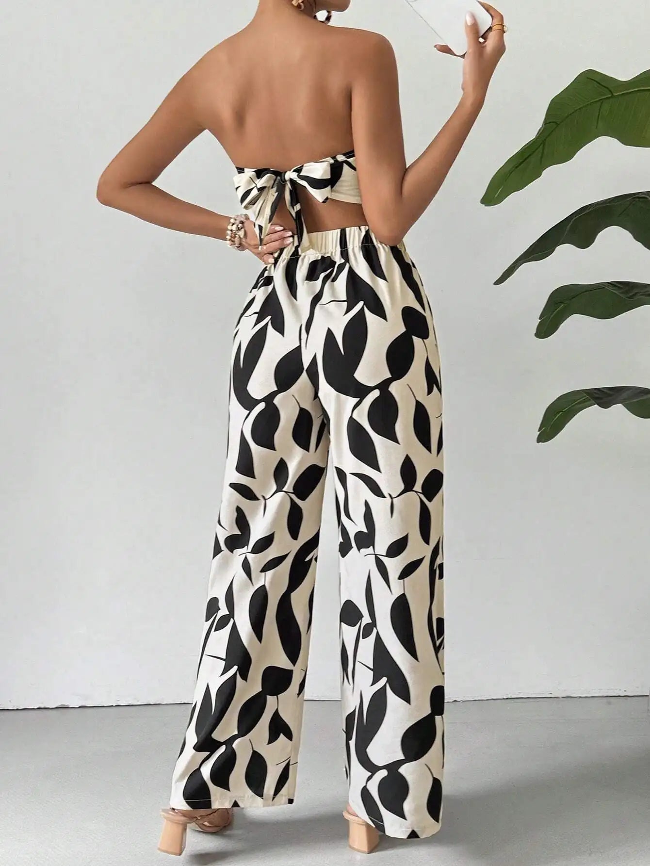 Black Leaf Print Strapless Crop Top & Wide Leg Pants Set