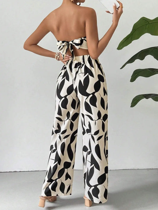 Black Leaf Print Strapless Crop Top & Wide Leg Pants Set