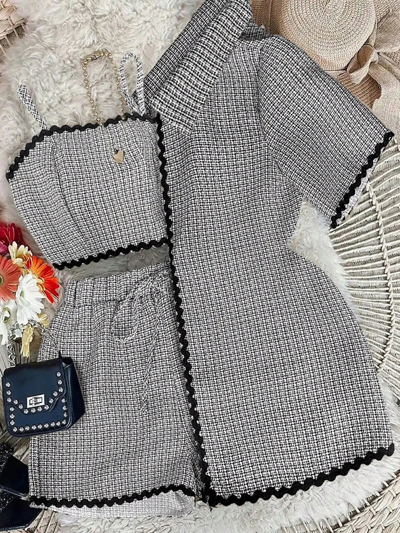 3-Piece Women's Set: Wavy Trim Cardigan, Cropped Cami & Shorts for Casual School or Commute