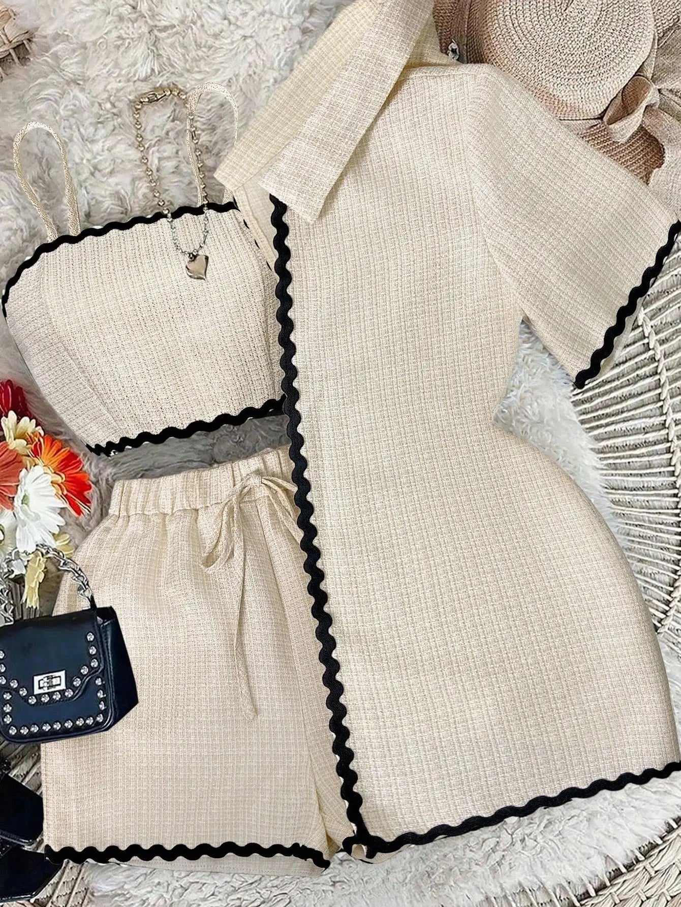 3-Piece Women's Set: Wavy Trim Cardigan, Cropped Cami & Shorts for Casual School or Commute