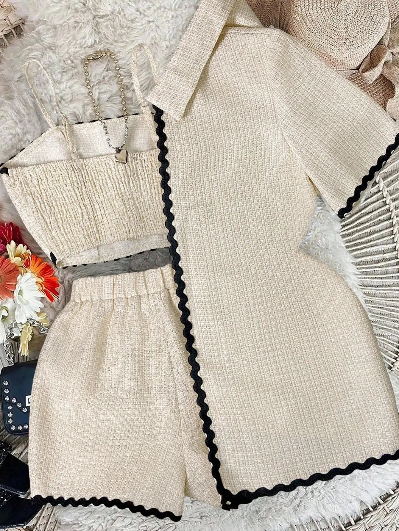 3-Piece Women's Set: Wavy Trim Cardigan, Cropped Cami & Shorts for Casual School or Commute